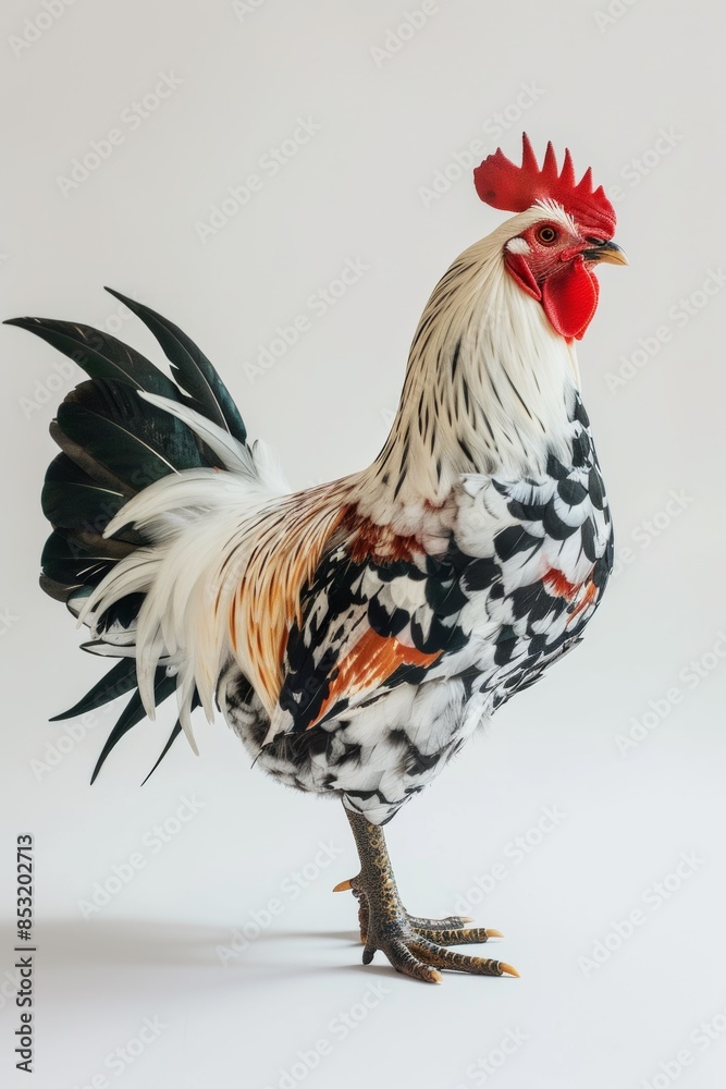Fototapeta premium the beside view Leghorn Chicken standing, left side view, white copy space on right isolated on white background