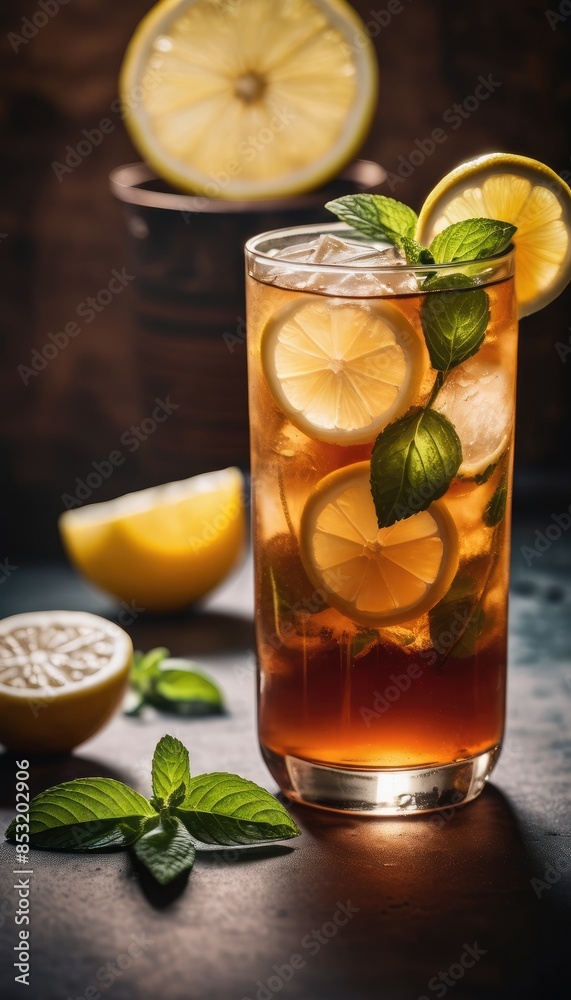 Fototapeta premium A cooling beverage of iced tea, enhanced with lemon and mint, set against a backdrop of fresh lemons and mint leaves for a refreshing experience