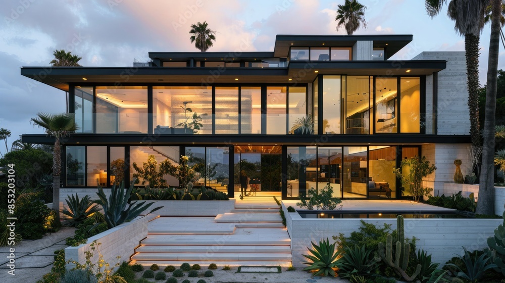 Fototapeta premium Modern house in a minimalist style with large windows and a facade of black glass frames. The main entrance is through two double doors.