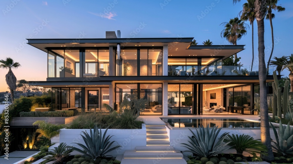 Fototapeta premium Modern house in a minimalist style with large windows and a facade of black glass frames. The main entrance is through two double doors.