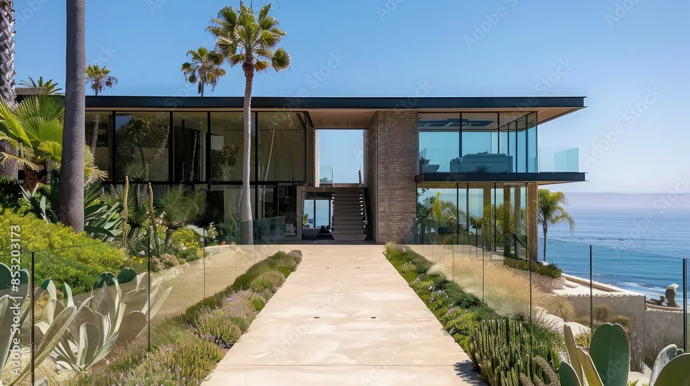 Modern house in a minimalist style with large windows and a facade of black glass frames. The main entrance is through two double doors.