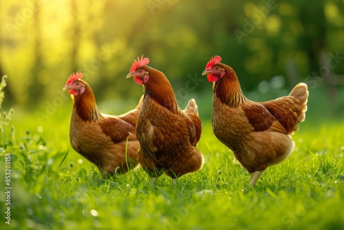 View from beside body of a three Sussex chicken standing on grass, Awe-inspiring, Full body shot ::2 low Angle View