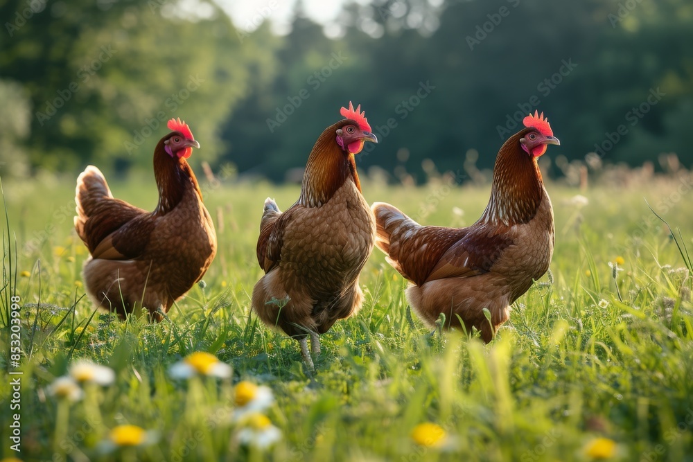 Fototapeta premium View from side body of a three Rhode Island Red standing on grass, Awe-inspiring, Full body shot ::2 Side Angle View