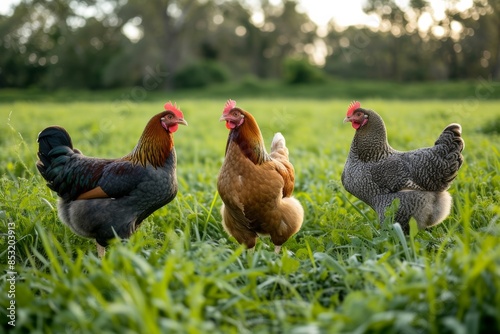 View from side body of a three Orpington chicken standing on grass, Awe-inspiring, Full body shot ::2 Side Angle View