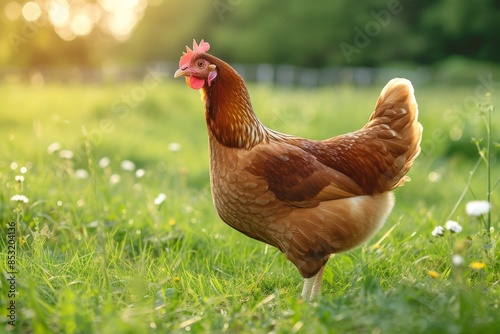 View from side body of a Wyandotte chicken standing on grass, Awe-inspiring, Full body shot ::2 Side Angle View © Tebha Workspace