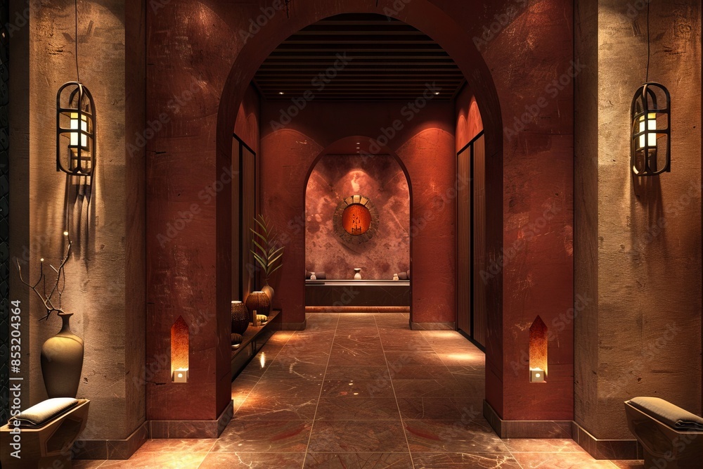 Naklejka premium A hallway with lights and a mirror.