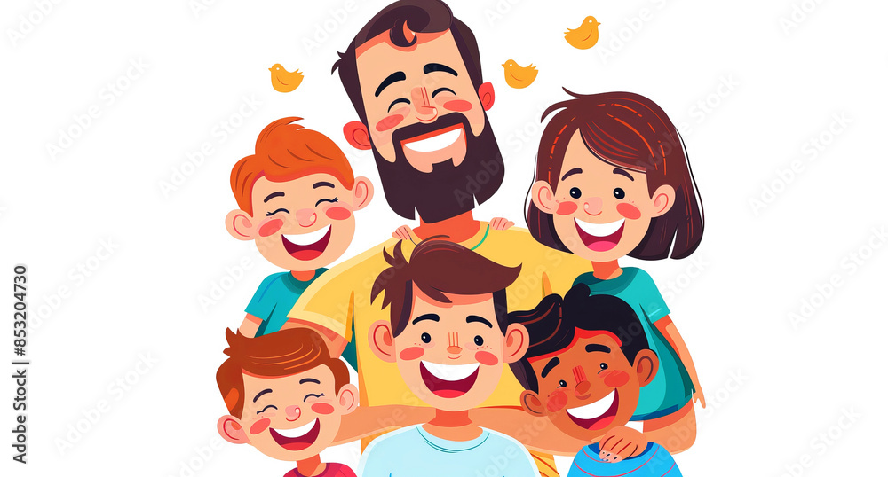 Happy Father's Day.Cartoon vector illustration.Happy family laughing joyfully together on white background.Concept: card, poster, website, brochure.Copy space.Generative AI. Happy Father's Day.Cartoon vector illustration.Happy family laughing joyfully together on white background.Concept: card, poster, website, brochure.Copy space.Generative AI.