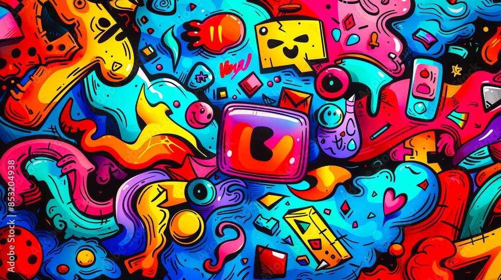 Obraz premium A colorful graffiti art background with many different objects.