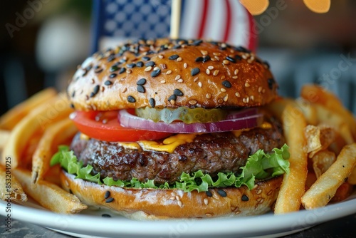 Patriotic Cafe Burger with American Flag Background - Indulgent American Fare photo