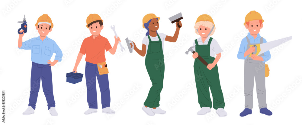 Happy children builders cartoon characters in safety overalls and protective helmet holding tools