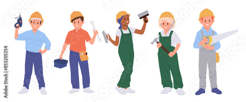 Happy children builders cartoon characters in safety overalls and protective helmet holding tools