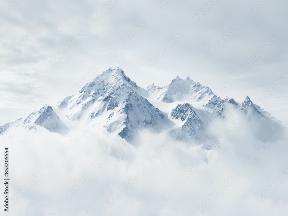 Majestic Snow-Covered Peaks Rising Through Clouds in a Serene, Overcast Sky Creating a Tranquil Landscape of Rugged Terrain and Icy Ridges Majestic Snow-Covered Peaks Rising Through Clouds in a Serene, Overcast Sky Creating a Tranquil Landscape of Rugged Terrain and Icy Ridges