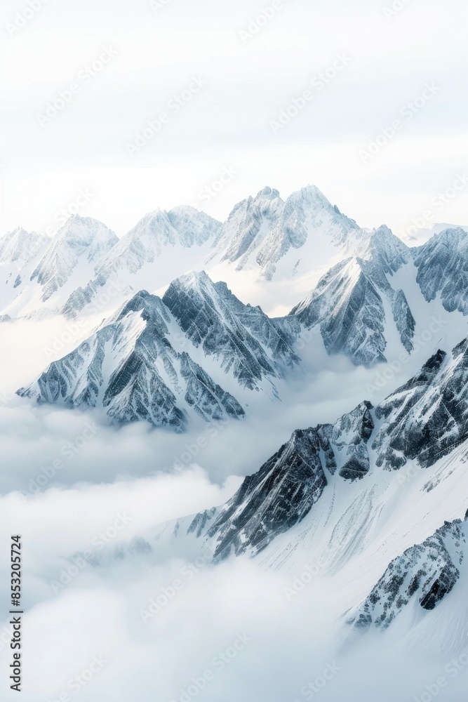 Fototapeta premium Jagged Peaks Piercing Through Clouds: A Serene Alpine Landscape of Snow-Capped Mountains Under a Clear Sky