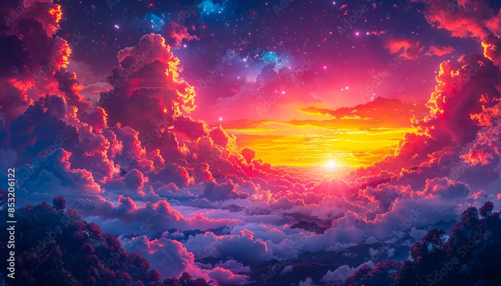 A beautiful sunset over clouds and stars. A beautiful sunset over clouds and stars.