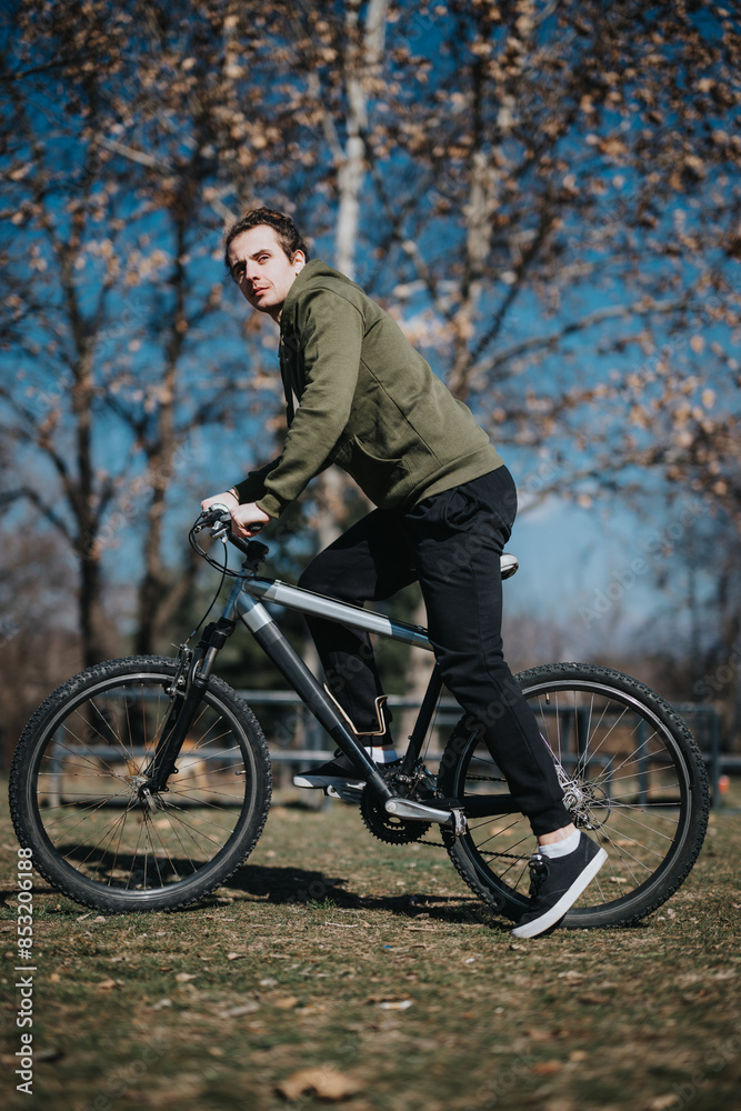 A good-looking man rides his bicycle through a sunny park, exuding a casual and relaxed vibe on a peaceful weekend day. A good-looking man rides his bicycle through a sunny park, exuding a casual and relaxed vibe on a peaceful weekend day.