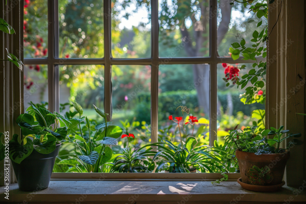 View of a Lush Garden with Red Flowers Through a Window with Potted Plants on the Sill