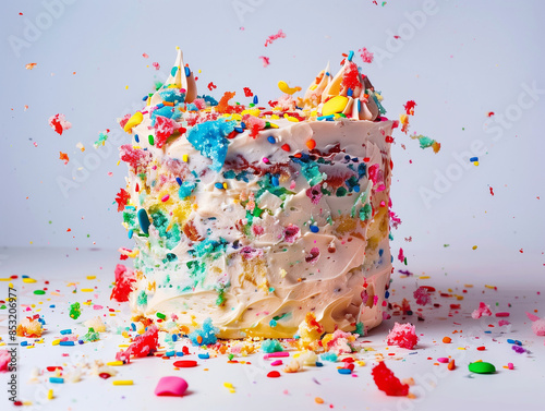 Still life of a smashed cake with colorful decorations photo