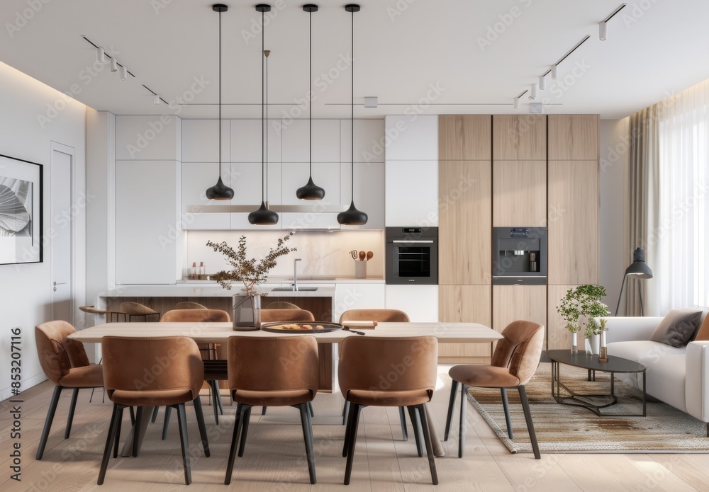 Modern kitchen with white cabinets, wooden walls and a dining table Modern kitchen with white cabinets, wooden walls and a dining table