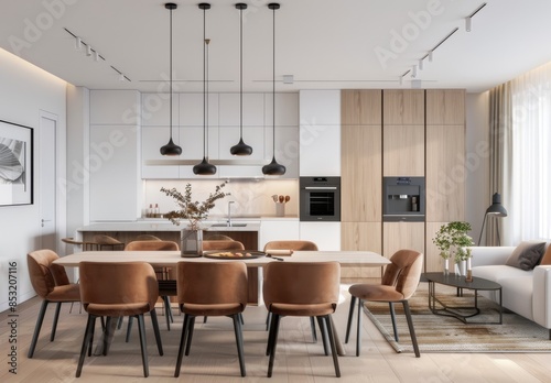 Modern kitchen with white cabinets, wooden walls and a dining table  © Cetin