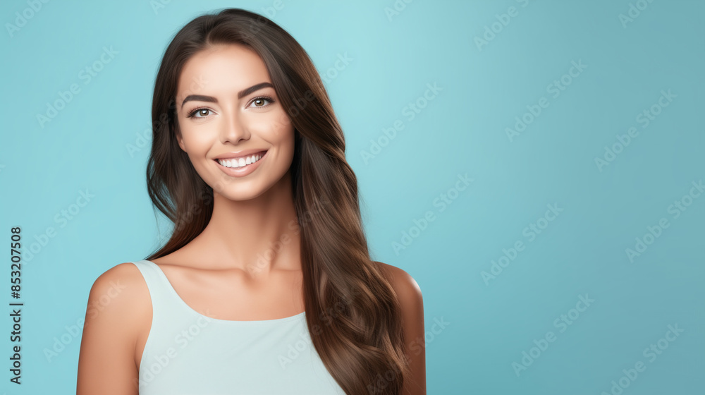 Waist up shot of happy woman with toothy smile, wears white shirt, expresses good emotions, enjoys nice day, isolated over blue background. Face expressions Waist up shot of happy woman with toothy smile, wears white shirt, expresses good emotions, enjoys nice day, isolated over blue background. Face expressions