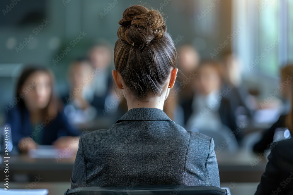 Back View of Businesswoman with Hair Bun in Conference Room Meeting Back View of Businesswoman with Hair Bun in Conference Room Meeting