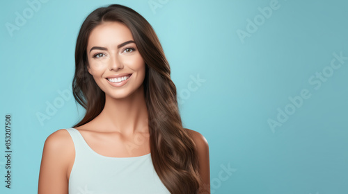 Waist up shot of happy woman with toothy smile, wears white shirt, expresses good emotions, enjoys nice day, isolated over blue background. Face expressions