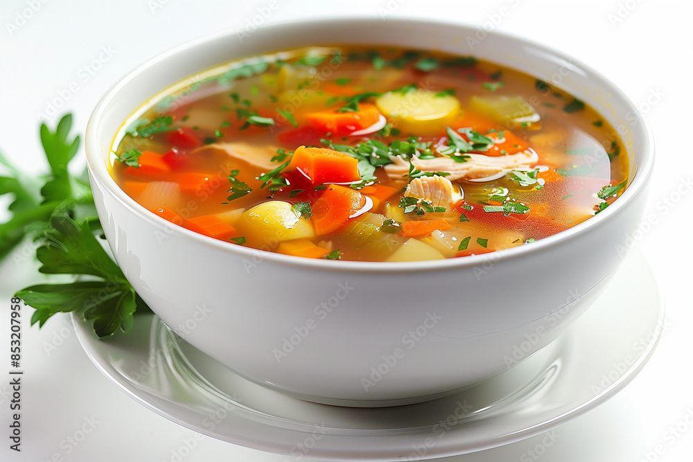A White Bowl Of Homemade Chicken Vegetable Soup A White Bowl Of Homemade Chicken Vegetable Soup