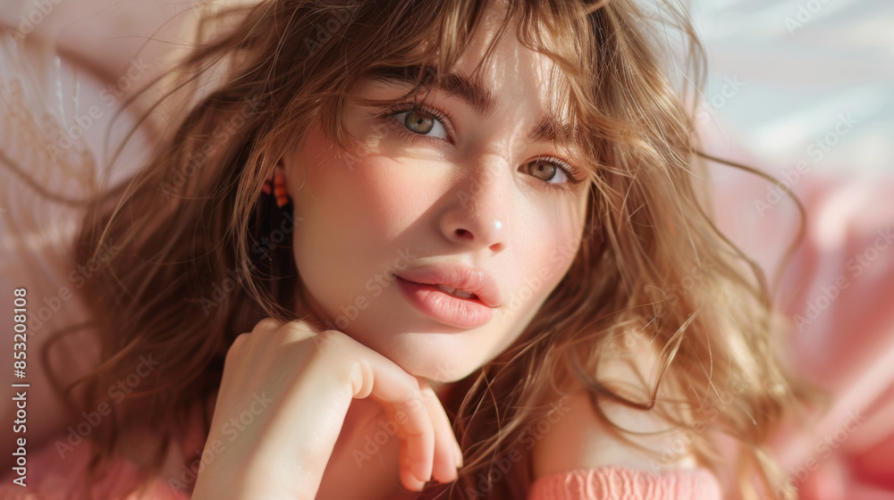 Beautiful cute girl posing on a pink background. Great portrait of a European girl Beautiful cute girl posing on a pink background. Great portrait of a European girl