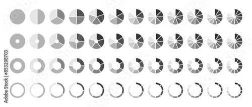 Pie chart set. Diagram collection with sections or steps. Circle icons for infographic, UI, web design, business presentation. Vector illustration