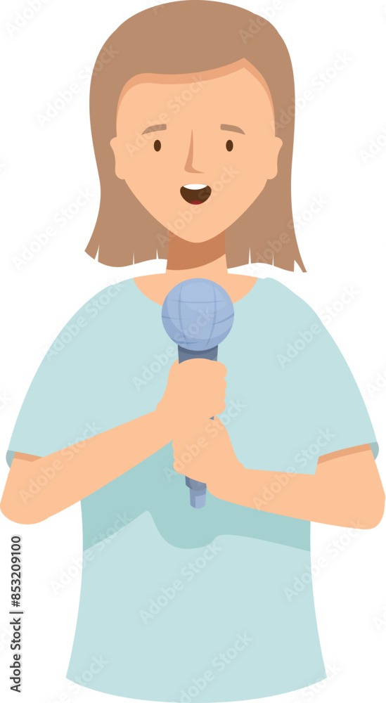 Young woman is holding a microphone and speaking, perhaps giving a presentation or performing on stage Young woman is holding a microphone and speaking, perhaps giving a presentation or performing on stage