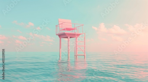 A pastel pink lifeguard chair standing alone in the middle of a tranquil ocean under a soft, cloudy sky