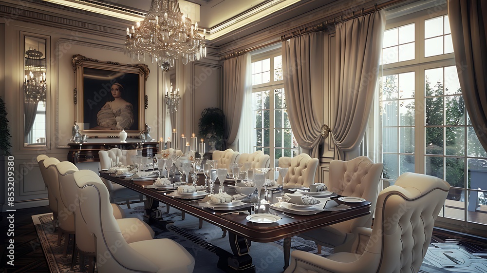 Fototapeta premium elegant formal dining room with a long table, high-backed chairs, and a crystal chandelier creating a sophisticated atmosphere