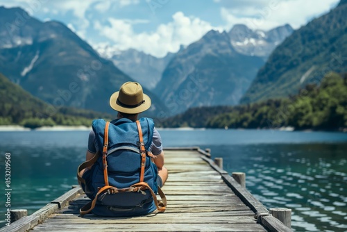 A young man in a hat sits on a wooden jetty, looking at a serene mountain lake. He has a blue backpack and appears to be enjoying the tranquil, scenic view with mountains and a bright © panumas