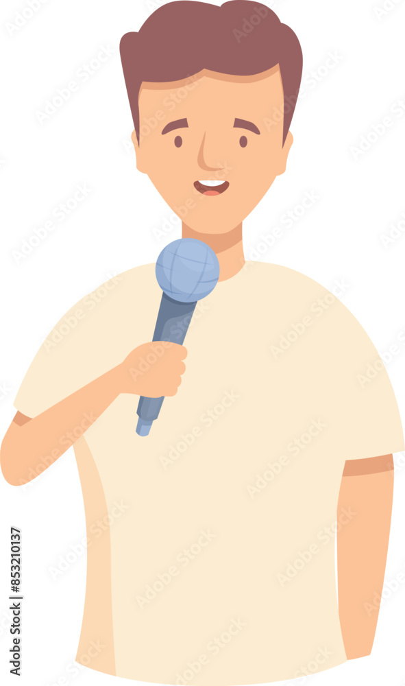 Young man is speaking holding a microphone, making an announcement Young man is speaking holding a microphone, making an announcement
