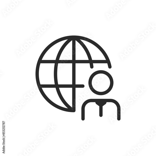 Person in tie with planet, linear style icon. Remote work or global presence. Editable stroke width