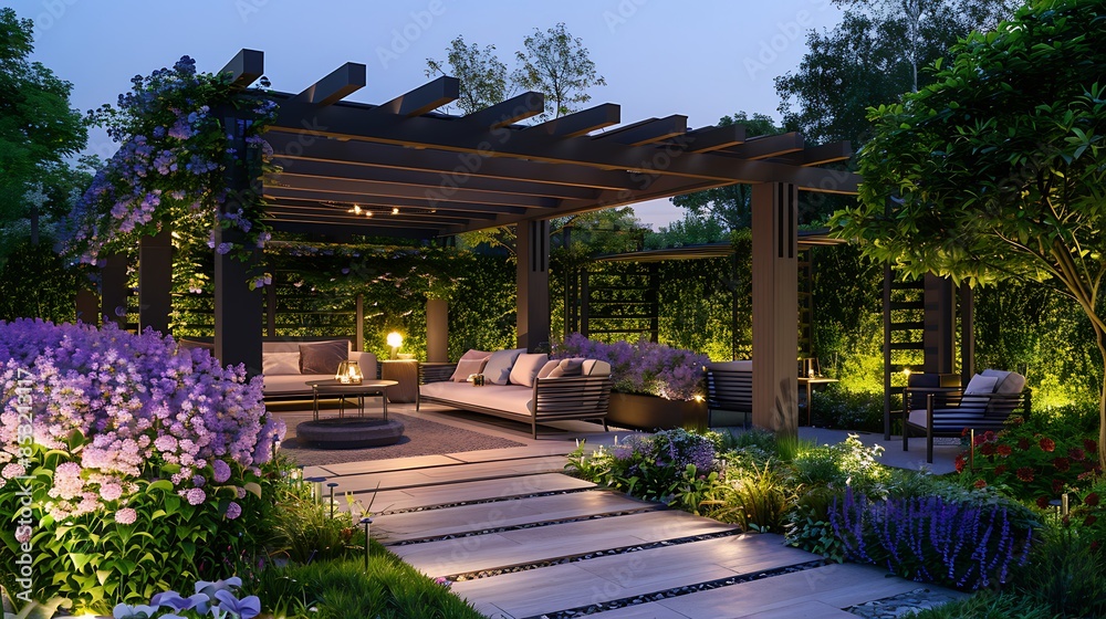 elegant garden with a pergola, comfortable seating, and soft lighting for evening relaxation elegant garden with a pergola, comfortable seating, and soft lighting for evening relaxation