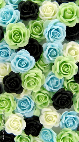 A close-up image of a variety of roses in pastel shades and black