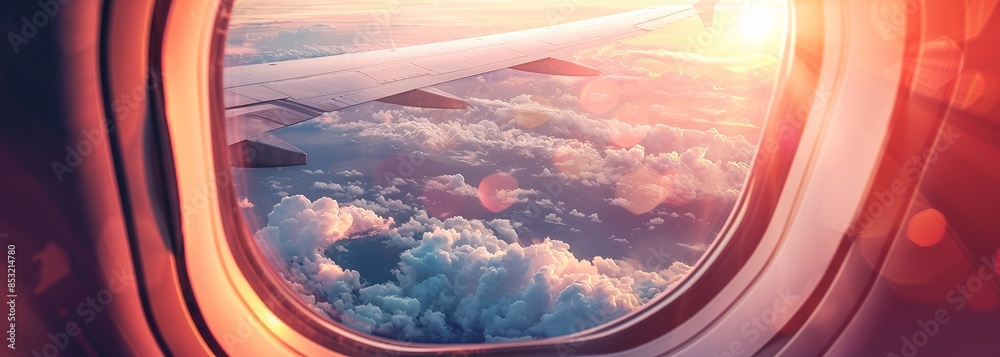 Airplane window view. Sky background Airplane window view. Sky background