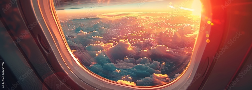 Airplane window view. Sky background Airplane window view. Sky background