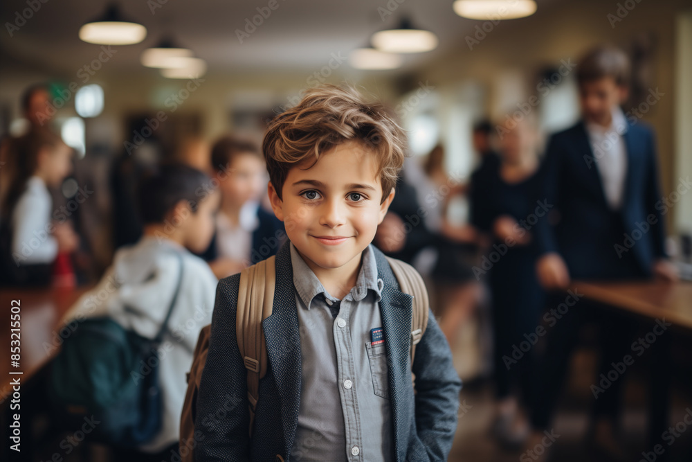 A young boy wearing a suit and backpack stands in a room with other people. He is smiling and looking at the camera A young boy wearing a suit and backpack stands in a room with other people. He is smiling and looking at the camera