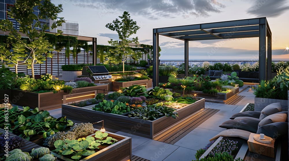 expansive rooftop garden with raised beds of organic vegetables and herbs, comfortable sitting areas under modern pergolas, and soft solar lighting for evening enjoyment