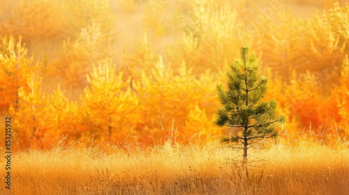 Golden backdrop with a petite pine tree emerging in the tall grass of orange yellow hue in a fall setting