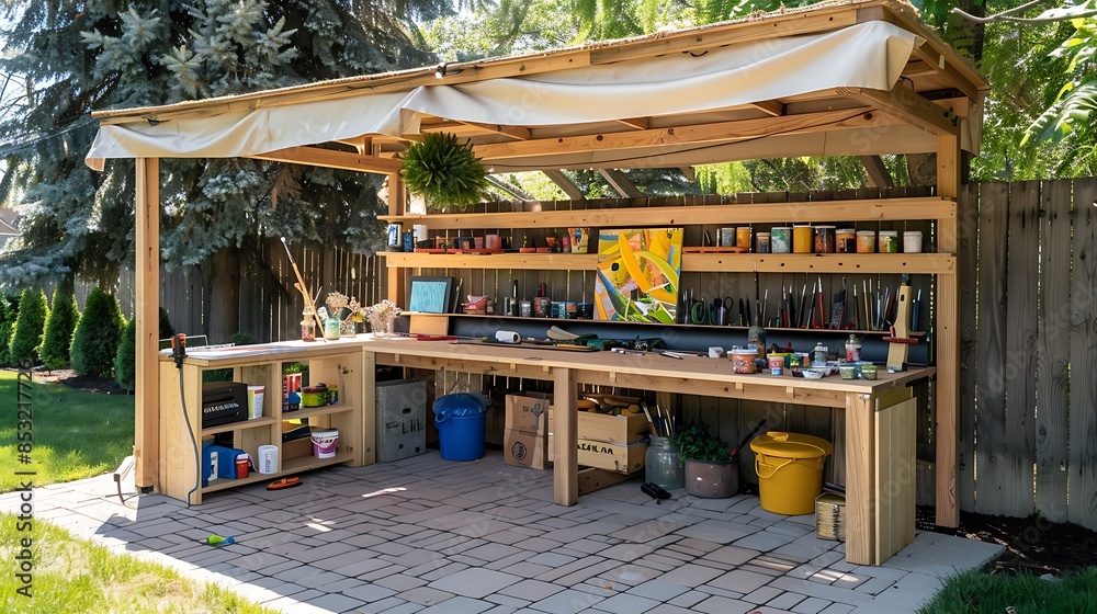 outdoor craft space with a durable worktable, storage for tools and materials, and a canopy to provide shade, perfect for painting, pottery, or any creative projects