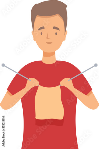 Young man is knitting a scarf with needles and wool, enjoying his favorite hobby