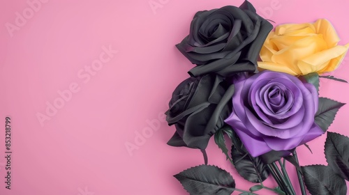 Three roses in shades of black, purple, and yellow on a pink background photo