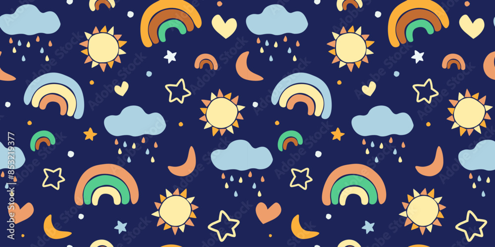 Fototapeta premium Seamless pattern with rainbow, clouds, heart, stars and moon. Baby dreamy print. Vector graphics.
