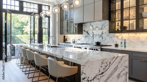 chic breakfast bar in a high-end kitchen with waterfall edge marble countertops, designer bar stools, and pendant lighting with an industrial flair © Salman