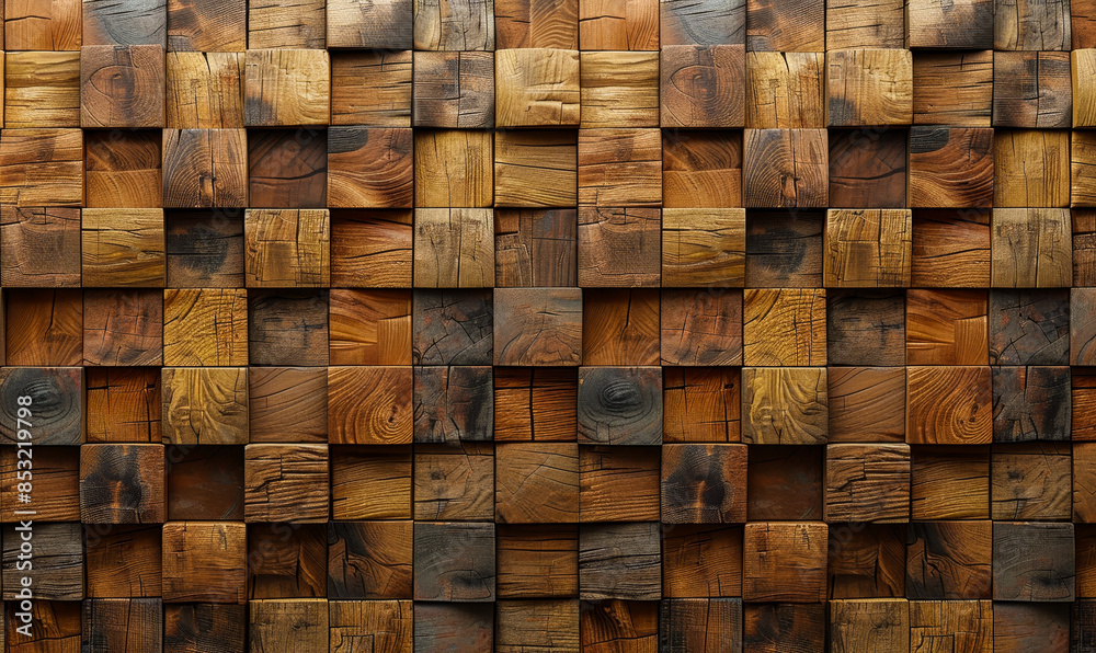 Intricate 3D Wooden Tile Wall Texture with Square Blocks and Soft Sheen, Rustic Timber Design Background for Interior and Graphic Use Intricate 3D Wooden Tile Wall Texture with Square Blocks and Soft Sheen, Rustic Timber Design Background for Interior and Graphic Use