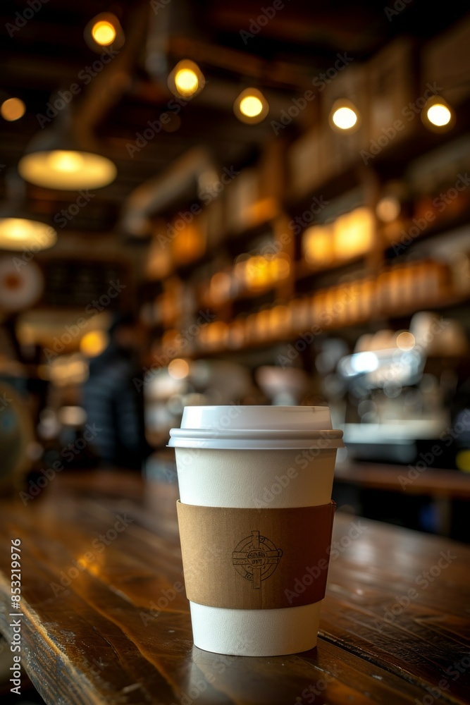 Coffee to go cup on wood table, coffee shop counter top. Blank labeled cup. Coffee, espresso, macchiato, take away. Coffee to go cup on wood table, coffee shop counter top. Blank labeled cup. Coffee, espresso, macchiato, take away.