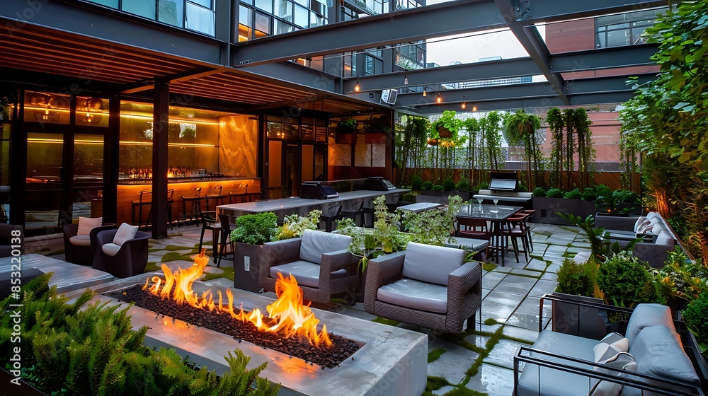 chic rooftop patio with modern fire features, comfortable seating areas surrounded by greenery, and a sleek outdoor bar chic rooftop patio with modern fire features, comfortable seating areas surrounded by greenery, and a sleek outdoor bar